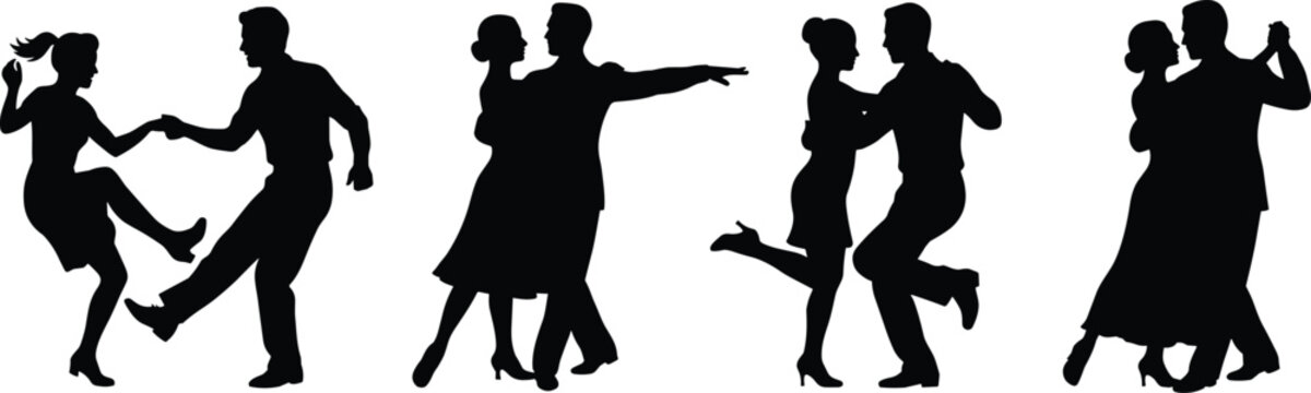 Dancing couple silhouettes isolated on white background, elegant partner dance poses, romantic movement, ballroom and swing dance lifestyle, celebration and love concept illustration