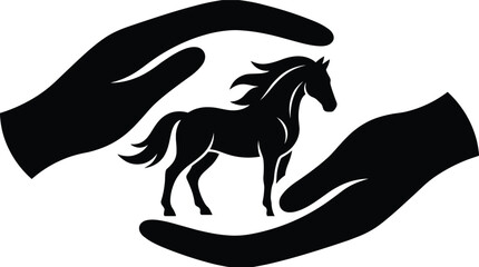 Horse silhouette protected by caring human hands isolated on white background, animal welfare and safety concept, trust, protection and harmony, minimalist black logo illustration