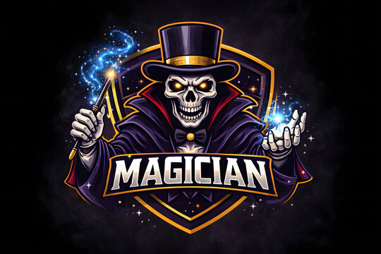
Magician skull, skeletal illusionist wearing top hat, mystical magic performer with glowing blue energy, purple and gold fantasy emblem, occult showman character, dark dramatic design