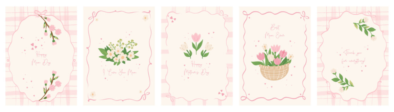 Cute cards Happy Mother's Day. Hand drawn whimsical frames with coquette bows and flowers art. Vector.