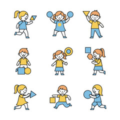 Naklejka premium Children playing with various shapes and objects in an energetic and lively scene from a straightforward viewpoint.