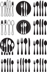 Collection of black and white tableware utensils and plates
