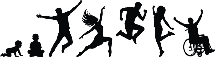 Silhouette illustration of people at different life stages jumping and moving, from childhood to adulthood and disability, representing growth,inclusion, freedom, and active lifestyle concept
