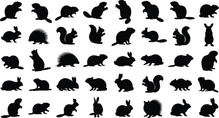 Obraz premium Collection of Rodent and Small Mammal Silhouettes Featuring Beaver Squirrel Rabbit Porcupine and Groundhog Icons Isolated on White Background for Wildlife Nature Vector Design