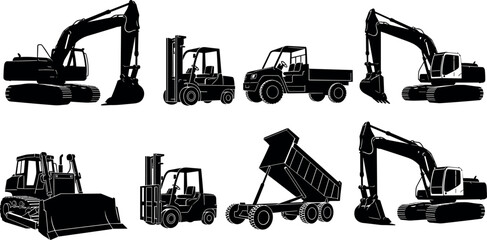 Construction vehicle silhouettes including excavator, forklift, bulldozer, dump truck, and industrial machinery for heavy equipment work, engineering projects, and building industry illustration © Yeasin