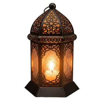 Ornate Moroccan Lantern with Flickering Candlelight on White Background.