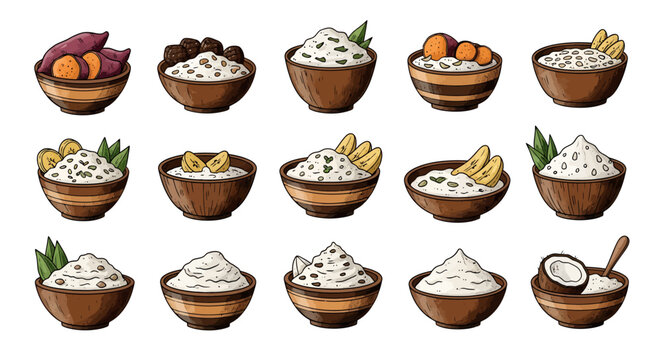 Hand drawn Indonesian traditional dessert kolak illustration set with banana, sweet potato, and coconut milk in wooden bowl collection