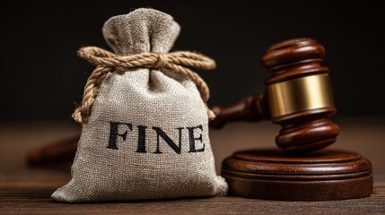 Elegant photo of Money bag with the word fine and a judge gavel on a wooden table representing legal penalty .Made Genarative AI