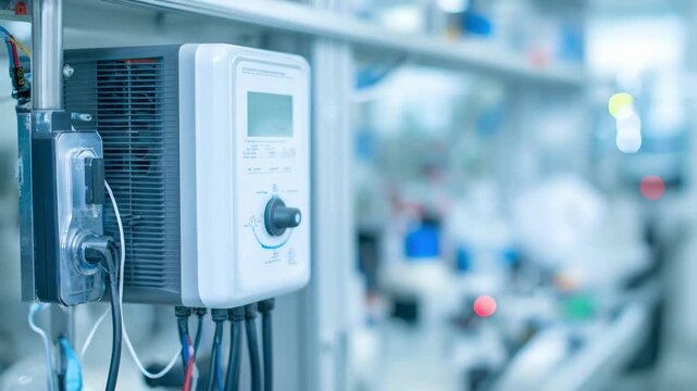 Critical lab instruments connected to a compact UPS unit with blurred background equipment highlighting emergency power readiness in a scientific environment.