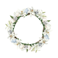 Easter Lily Wreath Watercolor. Hand Painted White Lily Floral Wreath with Eggs. Isolated on a transparent background