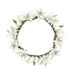 Fototapeta premium Easter Lily Wreath Watercolor. Hand Painted White Lily Floral Wreath with Eggs. Isolated on a transparent background