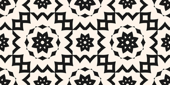 Vector seamless pattern with ethnic geometric ornament. Monochrome oriental floral and stars texture. Stylish folk background. Black and white repeating design for wallpaper, print, decor, carpet