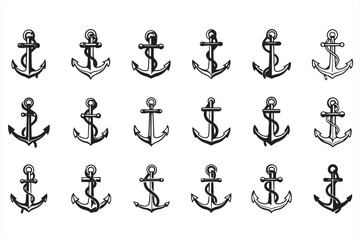 Nautical Anchor Icons Set - Vintage Marine Tattoos and Navy Symbols Vector Illustration