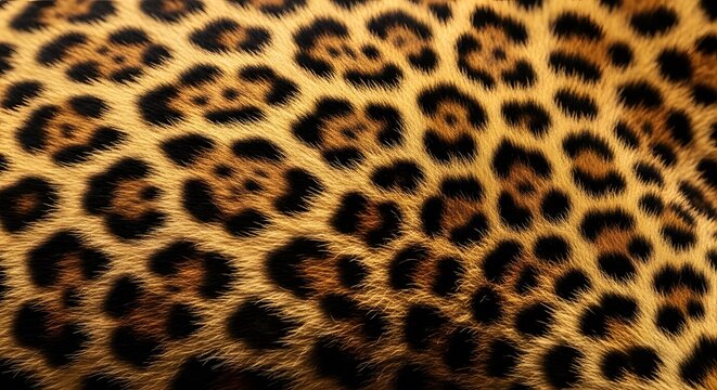Golden leopard rosettes fur texture with warm lighting. Luxury wildlife apparel and textile material. Macro shot of jaguar skin showing dense spots and soft feline hair for high-end design