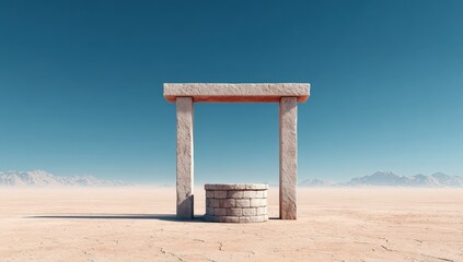 Fototapeta premium Minimalist Stone Well with Arched Frame in Desert Landscape Under Clear Blue Sky