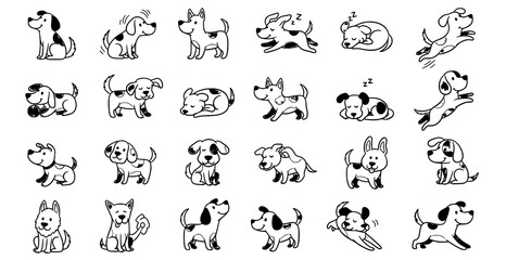Hand drawn dog doodle vector set with cute playful puppy illustrations