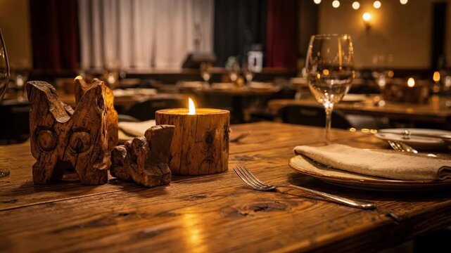 Closeup of a rustic dinner theater table setting with handcrafted wooden decor and warm candlelight creating an inviting atmosphere before the show.
