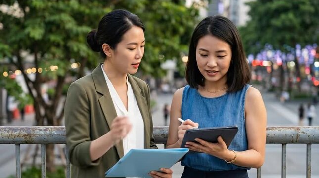 Asian Businesswomen Collaborating with Digital Tablet and Documents Outdoors