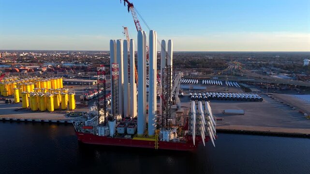 Close-up drone view of jack-up vessel and wind turbine components at offshore port
