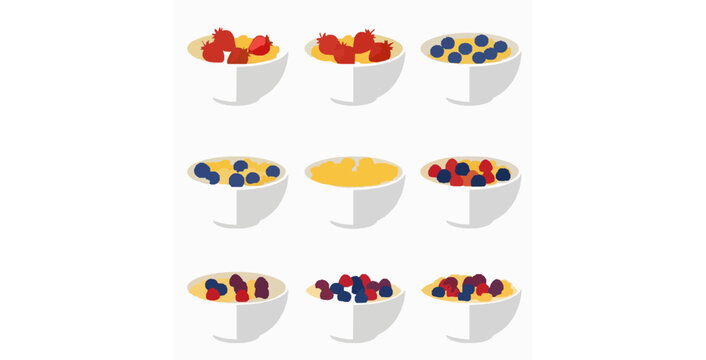 Isolated breakfast cereal bowls with cornflakes and berries flat vector icons