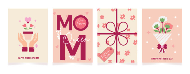 Set of four Happy Mother's Day greeting cards  with floral designs, gifts, invites, and typography in pink and beige vector illustration