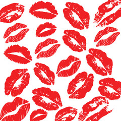 Red Lipstick Kiss Marks Seamless Pattern, Romantic Lips Print Vector for Cosmetic, Love, Fashion, Beauty, and Valentine Designs. Sexy Lips Illustration.