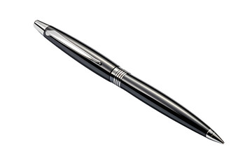 Silver ballpoint pen with polished chrome clip, angled view, Isolated to Transparent Background