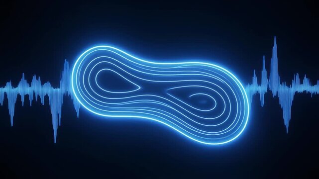 Futuristic neon blue equalizer waveform display and abstract digital visualization of frequency analysis or chaotic systems concept background