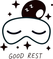 sleep mask and  stars  good night rest soft pastel  outline  vector  on white background 