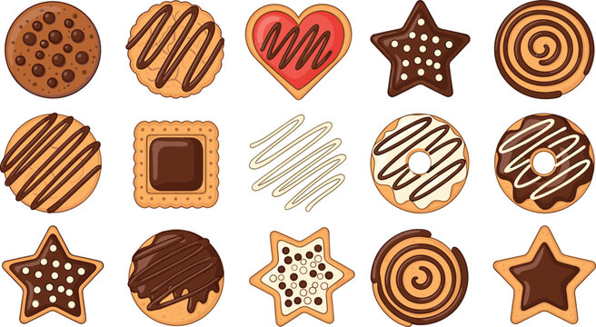 Large collection of colorful assorted cookies and biscuits featuring chocolate drizzle, star shapes, heart shapes, and swirl patterns