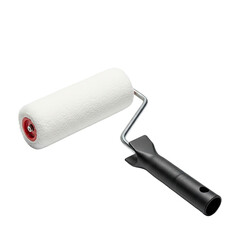 Paint roller with white fluffy cover and black handle on a white background.