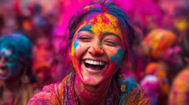 Joyful laughter during Holi festival celebration in India with vibrant colors