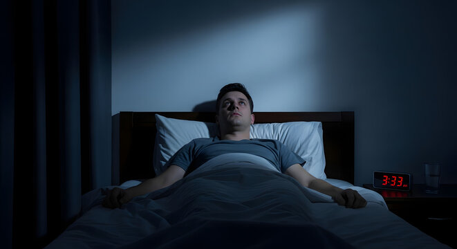 A man experiences a night of profound sleeplessness, lying in bed with his eyes wide open, illuminated by the faint glow of a digital clock, symbolizing the struggle with insomnia and restless hours