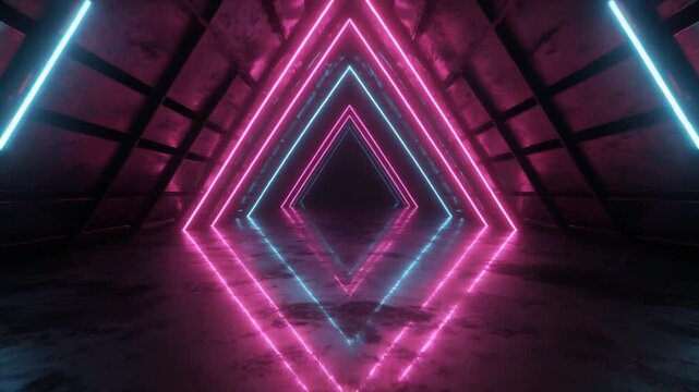 Futuristic neon light tunnel background with glowing pink and blue triangular shapes receding into the dark reflecting wet floor generating a captivating cyberpunk aesthetic vibrant corridor abstract