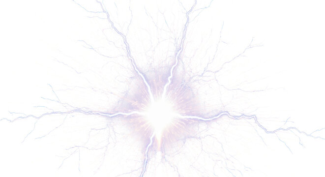 Abstract energy burst with a glowing center and purple electric lightning sparks radiating outward on a white background