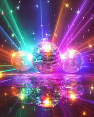 Vibrant disco balls spinning under colorful laser lights at a lively party