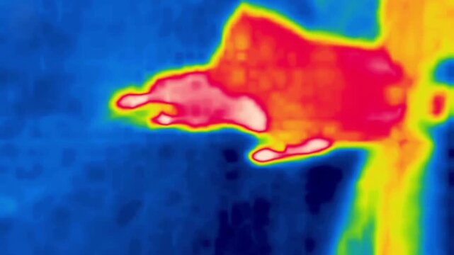 Hurry. A man walks quickly along the sidewalk.City. Image from thermal imager device. Vertical Video
