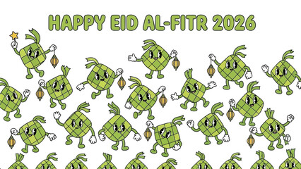 Obraz premium Cartoon money illustrations dancing in celebration of Eid al-Fitr 2026 against a clean background viewed from a straightforward perspective