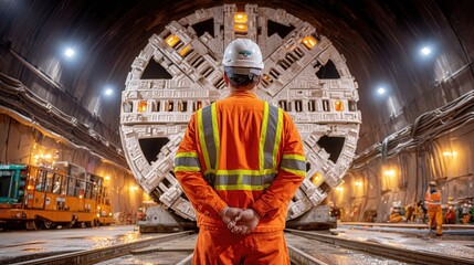 Fototapeta premium Worker Stands Before Tunnel Boring Machine