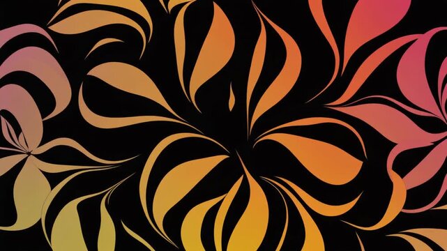 Vibrant retro 70s psychedelic abstract background design featuring stylized flowing organic shapes with warm sunset gradients on a deep black canvas