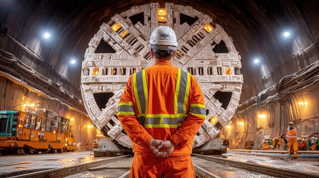Worker Stands Before Tunnel Boring Machine