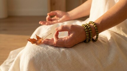 Obraz premium Close up of woman hands in yoga meditation pose with autumn leaf and mala beads in sunlight