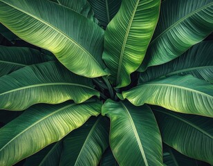 Obraz premium Lush Green Banana Leaves Overhead View in Natural Light Display
