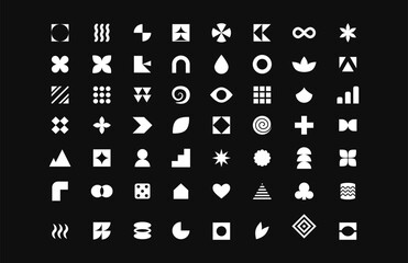 Abstract geometric shapes and symbols collection set in minimal style. geometric icons, vector elements featuring modern symbols and patterns for UI, branding, logos, and design