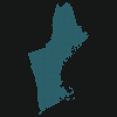 Obraz premium New England region of the United States dotted map. Digital Infrastructure Map of New England States for Cyber Blue on Black.