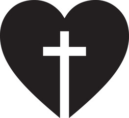 Obraz premium Black silhouette of religious heart symbol with simple cross inside isolated on white background