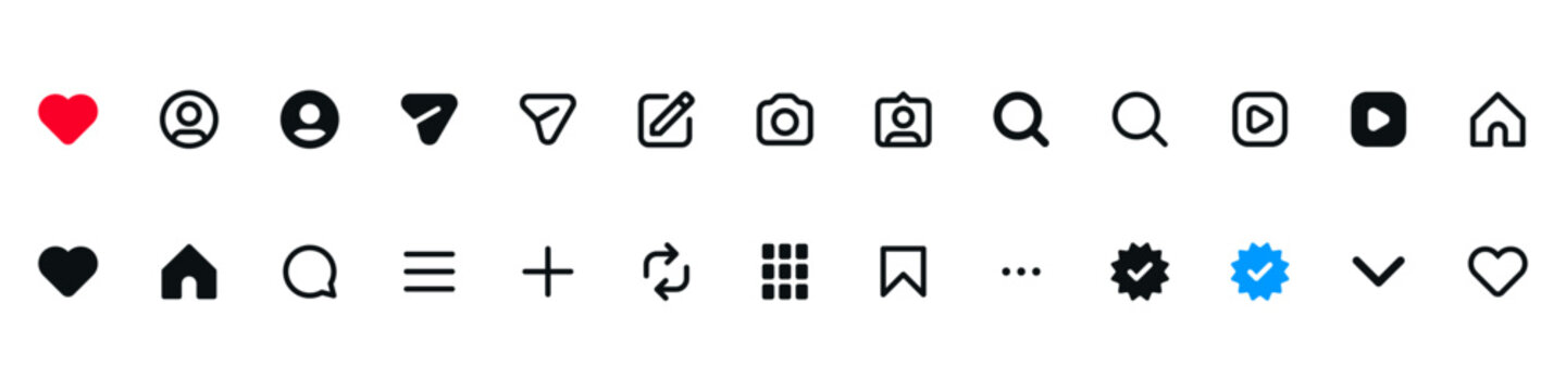 Instagram icons for social media icon set, with home, search, profile, reel, video, camera, add, photo, grid, verified badge icon, symbol ; social media notification icons, like comment share icon