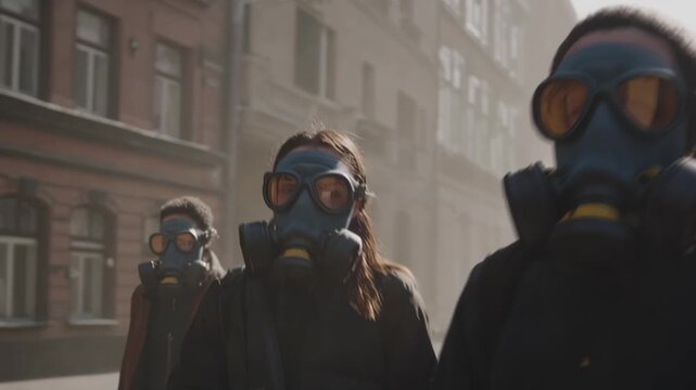 A group of people wearing gas masks walks down a dusty and polluted city
