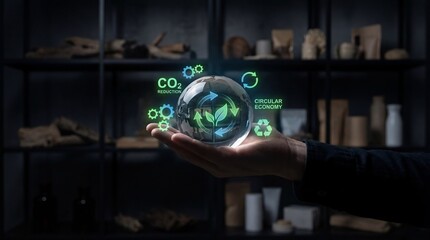 Hand holding glowing orb with environmental icons in dark room.
