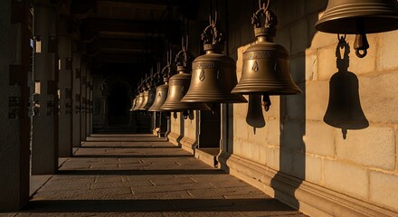 Obraz premium Brass Bells Hanging on Stone Wall in Corridor